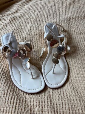 White House Black Market White Sandal with Silver Disc Accents